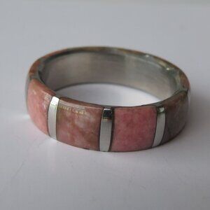 Natural Pink Rhodochrosite Gemstone Inlay in Stainless Steel Ring